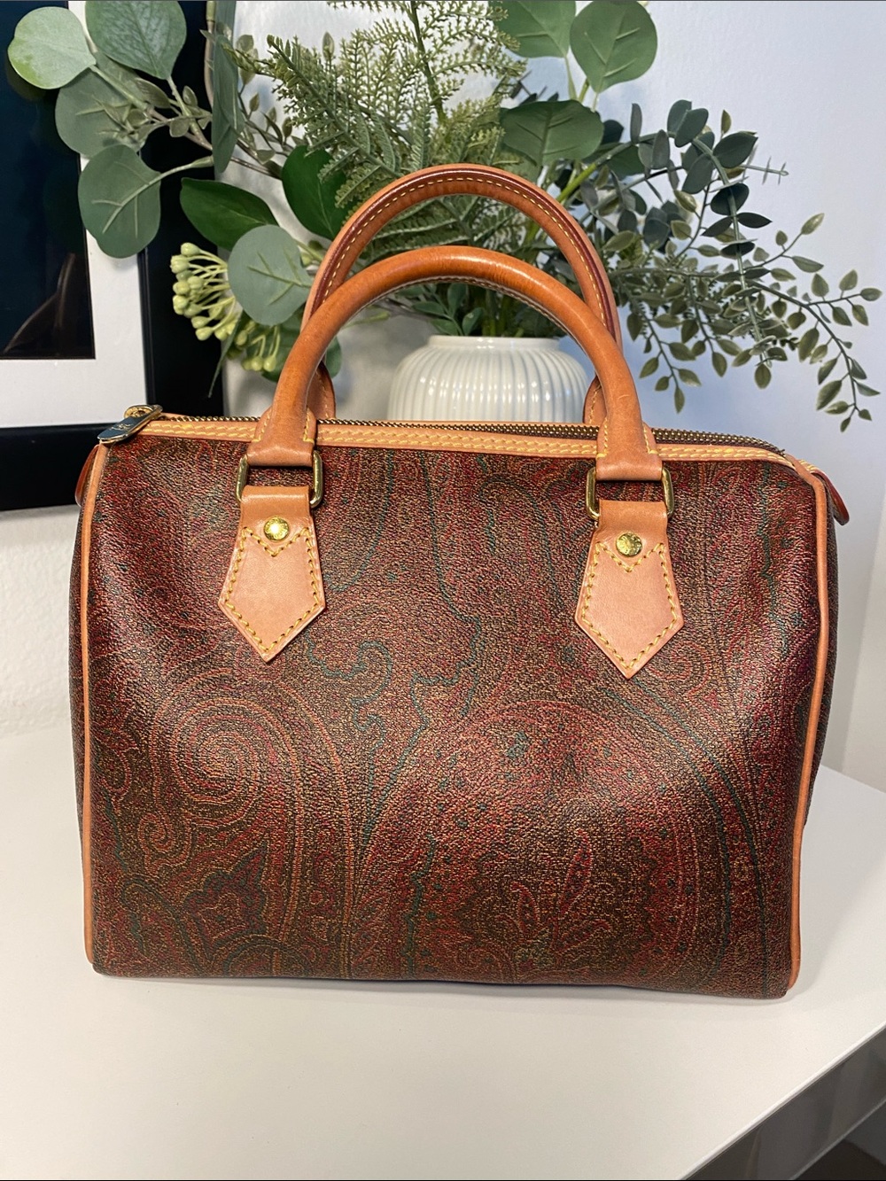 Vintage ETRO Milano Red Paisley Boston Bag 25 W/Strap
